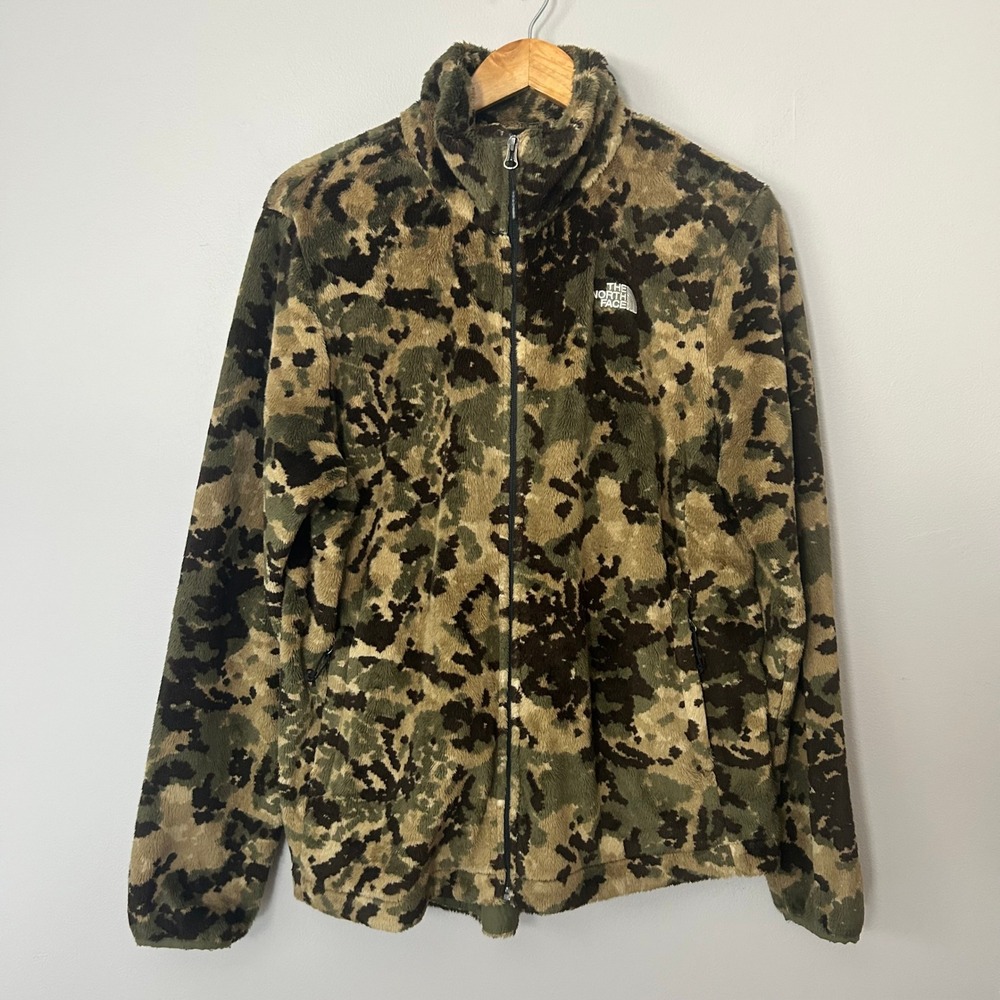 The North Face Osito Fleece Jacket Women XL Green Camo Full Zip Soft Plush Coat